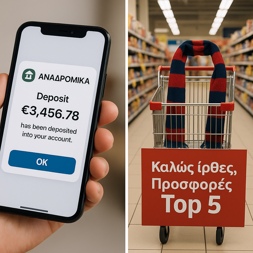 Δίπλα-δίπλα: α) Οθόνη κινητού με ειδοποίηση κατάθεσης αναδρομικών. β) Παρουσίαση μεταγραφής τύπου ποδοσφαίρου μέσα σε σούπερ μάρκετ: «παίκτης» ένα καρότσι με κασκόλ, μπροστά πανό που γράφει «Καλώς ήρθες, Προσφορές Top 5».