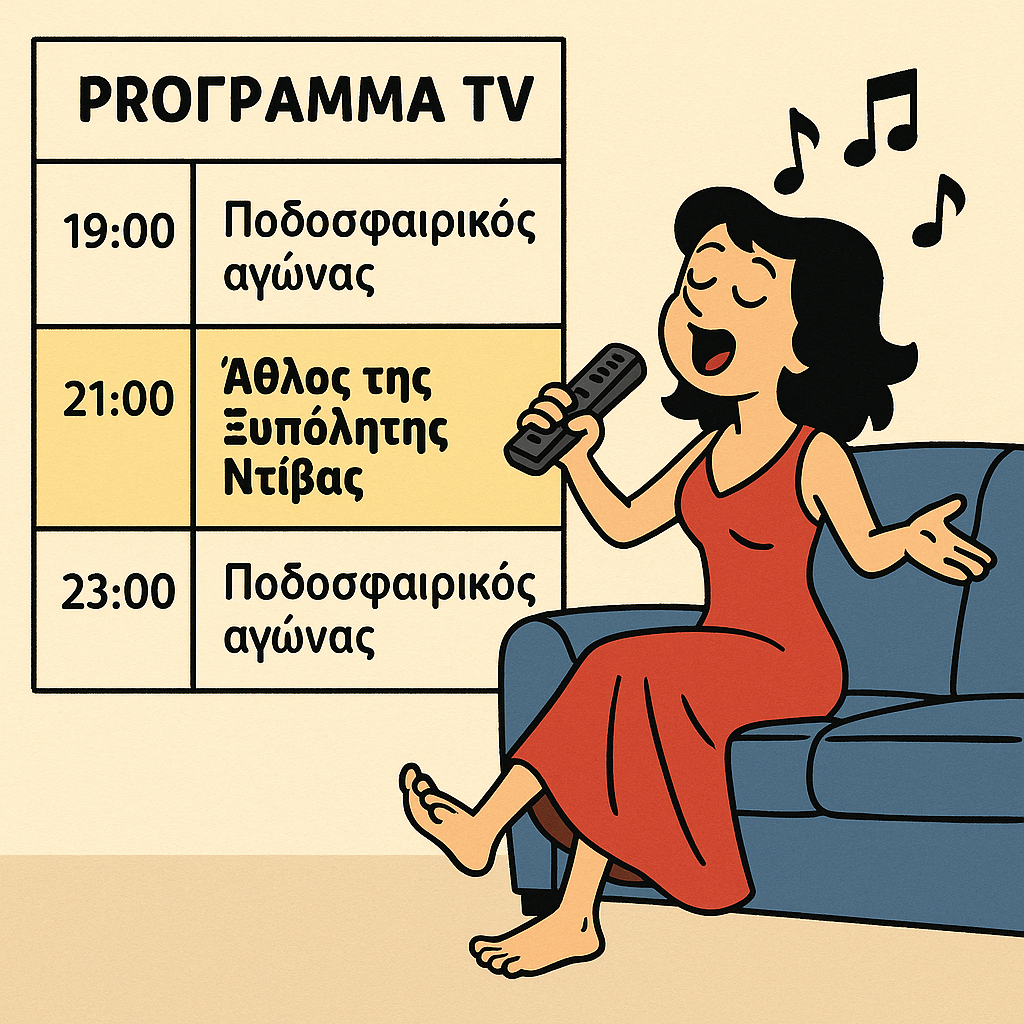 Οδηγός προγράμματος TV: ανάμεσα σε ποδοσφαιρικούς αγώνες εμφανίζεται «Άθλος της Ξυπόλητης Ντίβας». Στο πλευρό, καρτούν ξυπόλητη τραγουδίστρια τραγουδά σε τηλεχειριστήριο στον καναπέ.