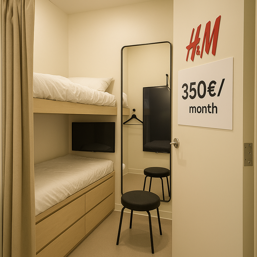 Δοκιμαστήριο H&M διαμορφωμένο σαν μικροσκοπικό στούντιο: ράφι-κρεβάτι, καθρέφτης-τηλεόραση, ταμπελάκι '350€/μήνα' στην πόρτα.