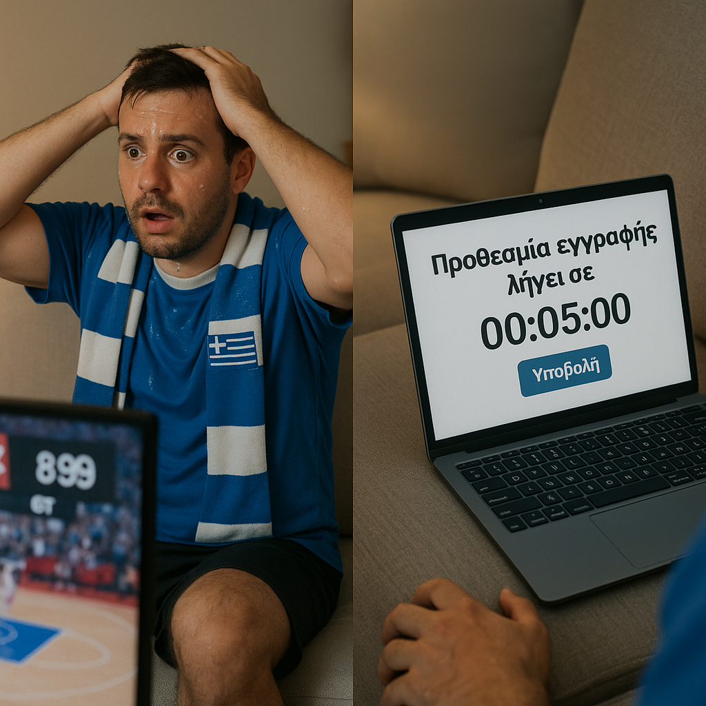 Δίπτυχο: α) Καναπές με φίλαθλο της Εθνικής, τηλεόραση δείχνει 89–89 (0:03). β) Laptop δίπλα με μήνυμα «Προθεσμία εγγραφής λήγει σε 00:05:00» και κουμπί «Υποβολή». Ο φίλαθλος ιδρώνει κοιτώντας μόνο την TV.
