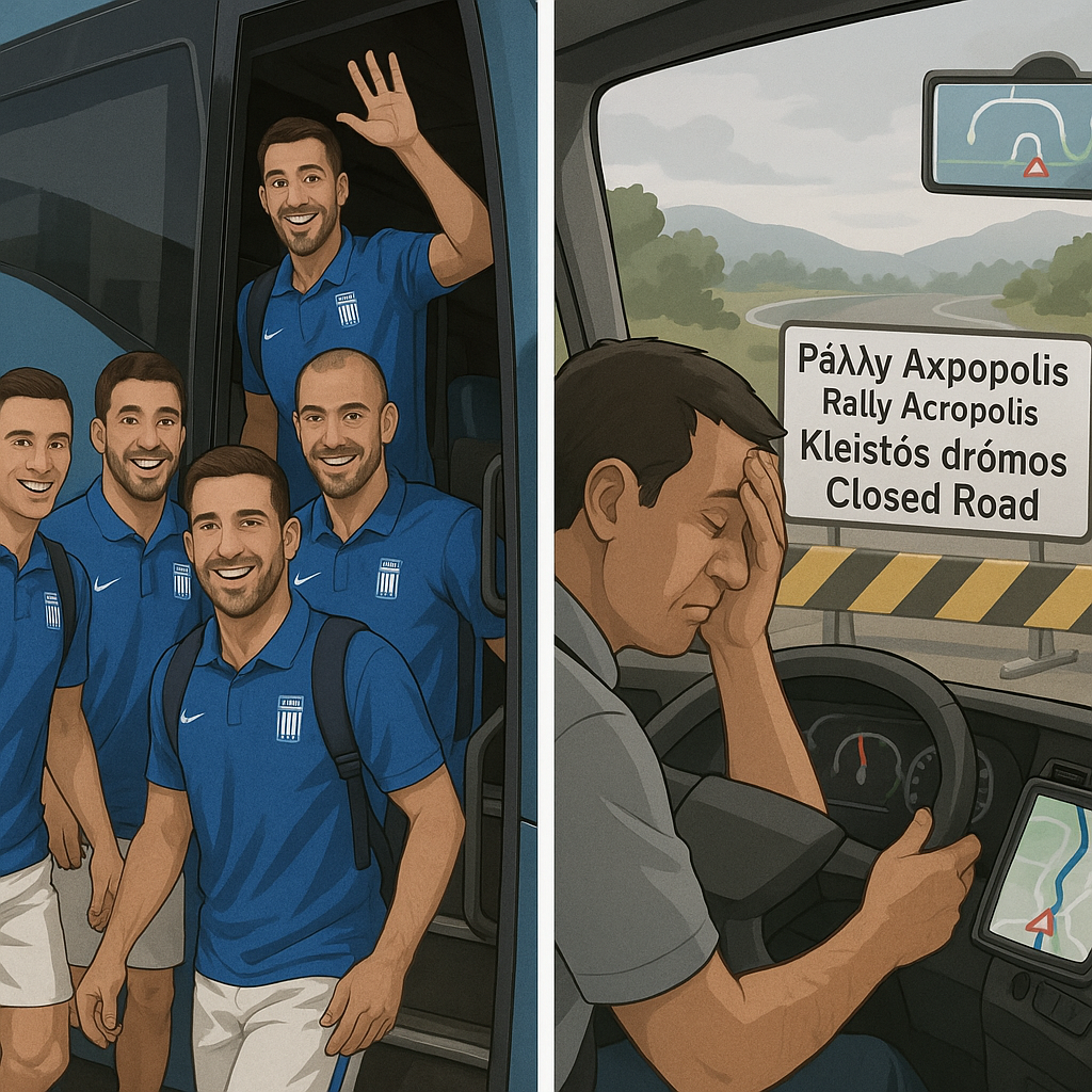 Split image: Αριστερά η Εθνική Ελλάδας χαμογελά ανεβαίνοντας στο πούλμαν. Δεξιά το πούλμαν κολλημένο μπροστά σε μπαριέρες 'Ράλλυ Ακρόπολις – Κλειστός δρόμος', GPS να κάνει συνεχές rerouting και ο οδηγός facepalm.