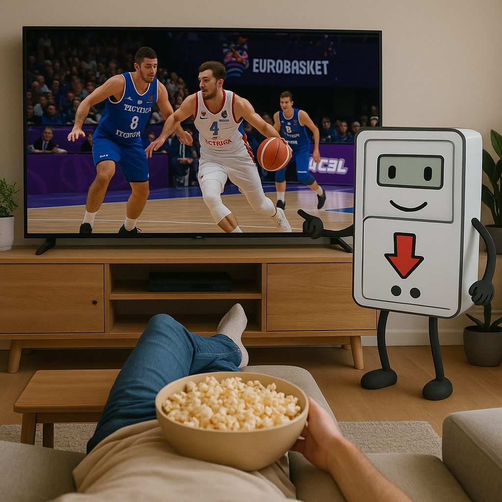 Σαλόνι με τεράστια τηλεόραση σε αγώνα Eurobasket, μετρητής ρεύματος χαμογελά και δείχνει χαμηλά, άτομο ξαπλωμένο με γιγάντινο μπολ ποπκόρν.