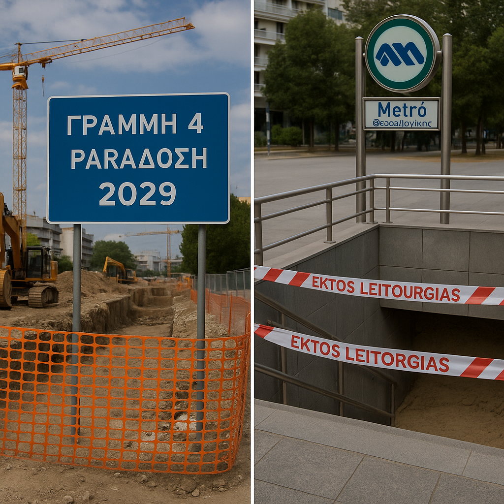 Δίπτυχο: Αριστερά εργοτάξιο με πινακίδα «Γραμμή 4 – Παράδοση 2029». Δεξιά είσοδος «Μετρό Θεσσαλονίκης» κλειστή με κορδέλες «Εκτός Λειτουργίας», και από κάτω φαίνεται… χώμα.