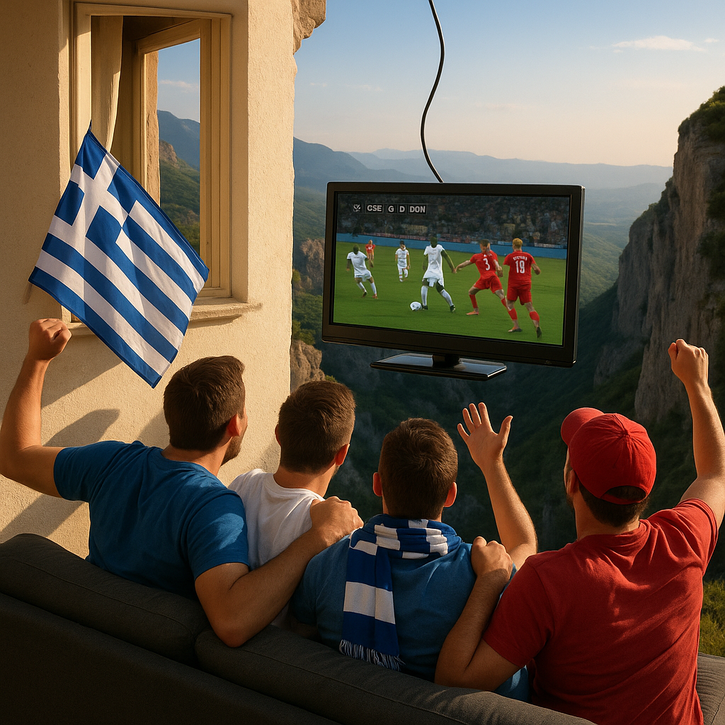 Παρέα φιλάθλων μπροστά στην τηλεόραση που δείχνει Ελλάδα–Δανία, ενώ το καλώδιο κρέμεται επικίνδυνα από παράθυρο πάνω από γκρεμό.