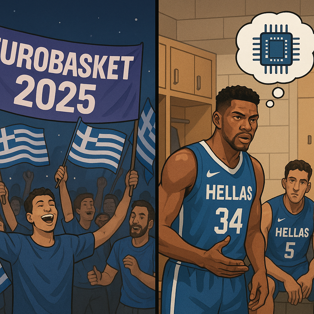 Δίπτυχο: α) Οπαδοί με σημαίες πανηγυρίζουν «Eurobasket 2025». β) Αποδυτήρια: ο Γιάννης σοβαρός μιλά στους συμπαίκτες, με εικονίδιο microchip τύπου κόμικ πάνω από το κεφάλι.