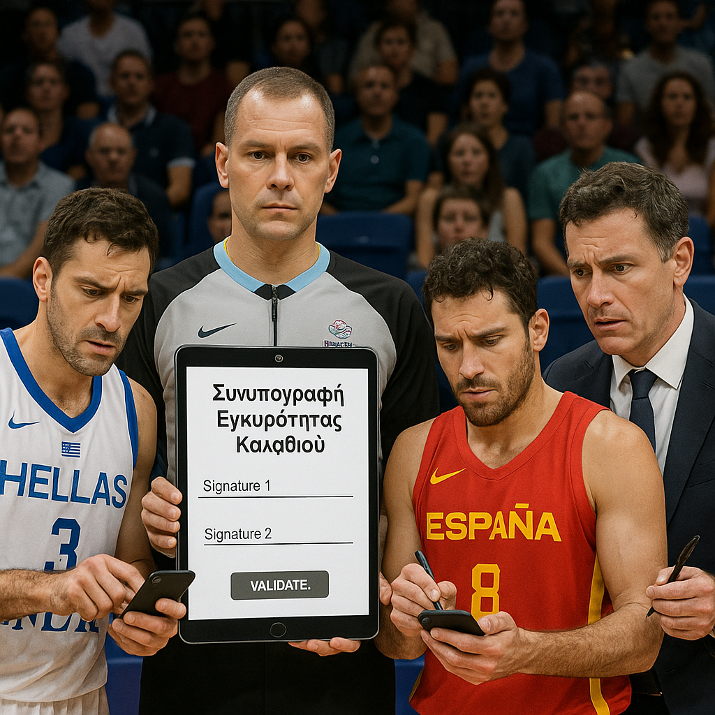 Στιγμή Eurobasket: ο διαιτητής διακόπτει το ματς κρατώντας tablet με φόρμα 'Συνυπογραφή Εγκυρότητας Καλαθιού'. Δύο παίκτες υπογράφουν αγχωμένοι στα κινητά, ο προπονητής κρατά στυλό άχρηστο, το κοινό κοιτά απορημένο.