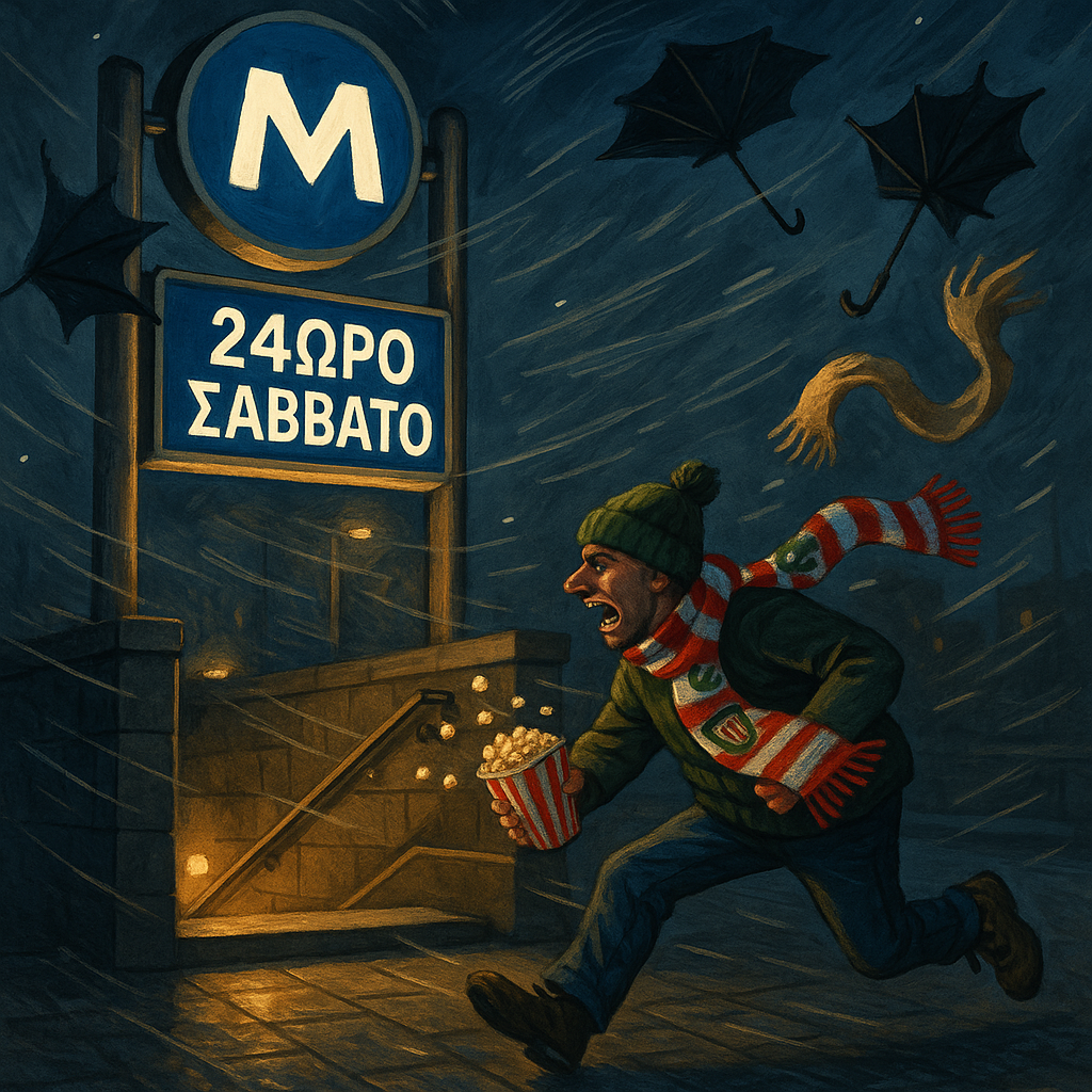 Νυχτερινή είσοδος μετρό με πινακίδα «24ωρο Σάββατο». Ο δυνατός βοριάς παρασέρνει ομπρέλες και κασκόλ· ένας τύπος με οπαδικό κασκόλ και ποπ-κορν τον σπρώχνει ο άνεμος προς την είσοδο.