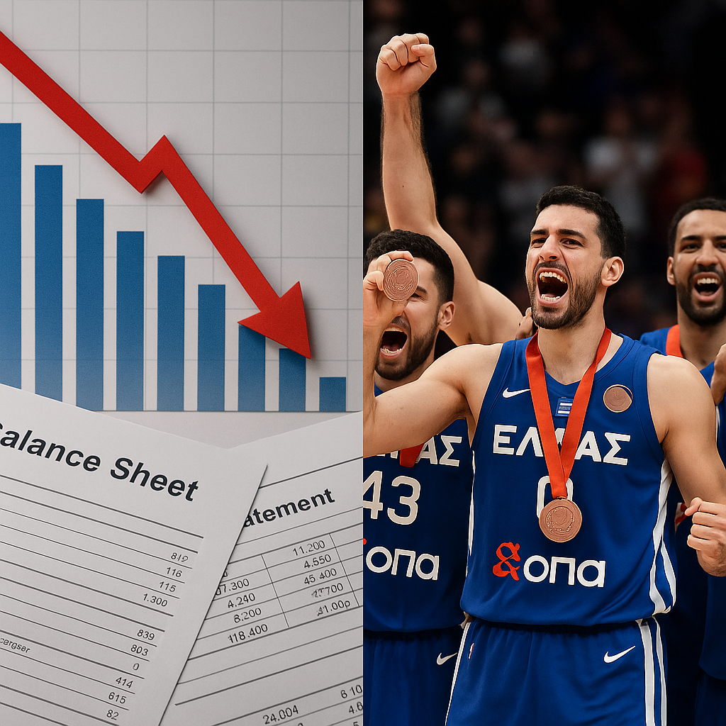 Split-screen: αριστερά πτωτικό γράφημα και ισολογισμοί, δεξιά η Εθνική πανηγυρίζει χάλκινο μετάλλιο.