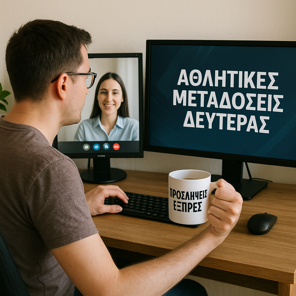 Υπάλληλος σε home office με δύο οθόνες: στη μία βιντεοκλήση, στην άλλη τηλεόραση που γράφει Αθλητικές Μεταδόσεις Δευτέρας. Κούπα καφέ με στάμπα προσλήψεις εξπρές για ειρωνεία.
