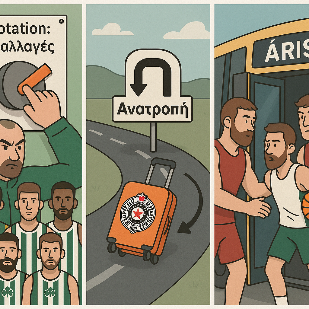 Τρίπτυχο: (1) Προπονητής γυρίζει διακόπτη 'Rotation: 8 αλλαγές' πάνω από ενδεκάδα ΠΑΟ. (2) Βαλίτσα-μεταγραφή κάνει U-turn με πινακίδα 'Ανατροπή' πίσω προς Παρτιζάν. (3) Δύο ψηλοί αδερφοί με μπάλες μπάσκετ σπρώχνουν παίκτη σε λεωφορείο με ταμπέλα 'Άρης'.