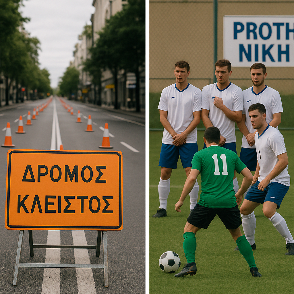 Δίπλα-δίπλα καρέ: αριστερά κεντρικός δρόμος με κώνους και πινακίδα «ΔΡΟΜΟΣ ΚΛΕΙΣΤΟΣ» λόγω αγώνα δρόμου. Δεξιά γήπεδο: παίκτης με πράσινη φανέλα ψάχνει πέρασμα απέναντι σε «τείχος» αμυντικών· πίσω τους μικρή πινακίδα γράφει «Πρώτη Νίκη».
