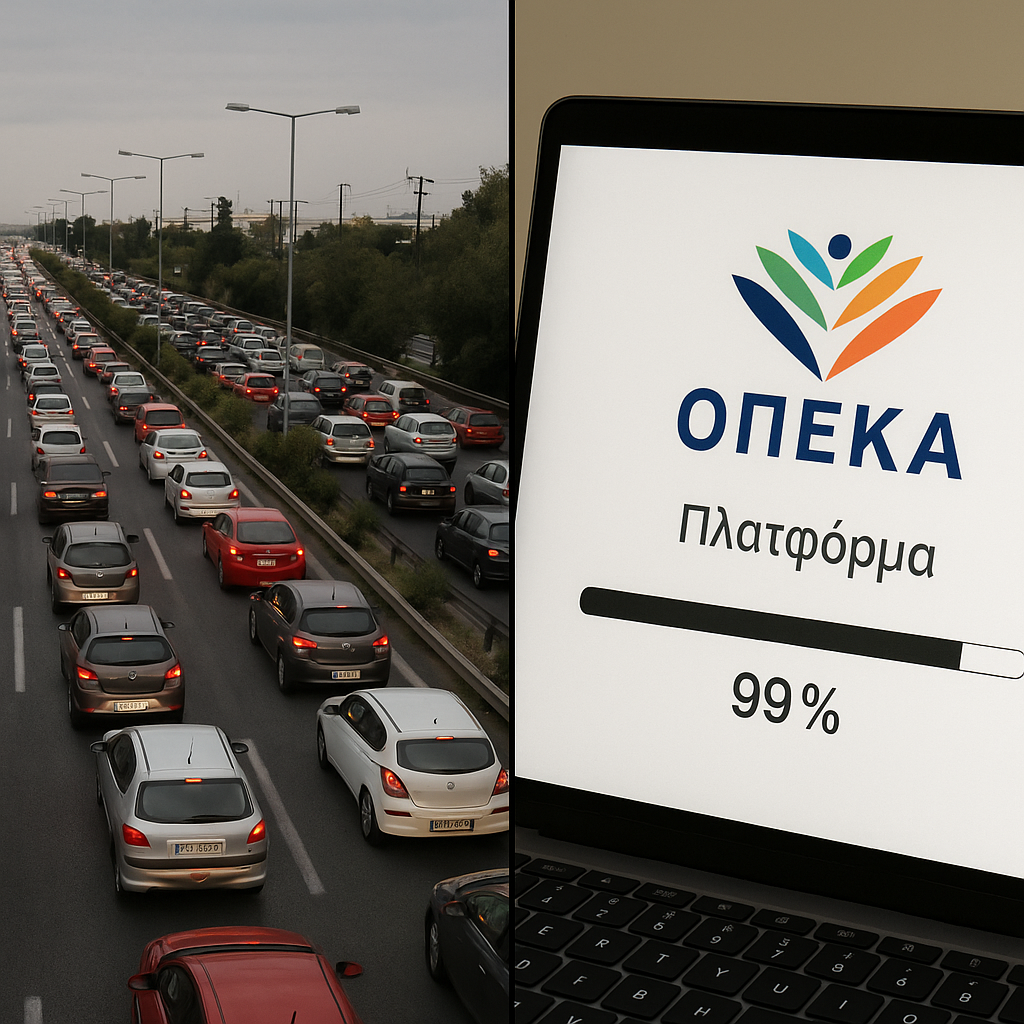 Δίπτυχο: ατελείωτο μποτιλιάρισμα στον Κηφισό, δίπλα οθόνη με πλατφόρμα ΟΠΕΚΑ κολλημένη στο 99% φόρτωσης.